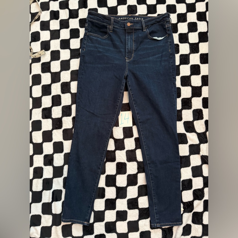Women's Dark Blue Jeans American Eagle Super High Rise Jeggings Sz 14